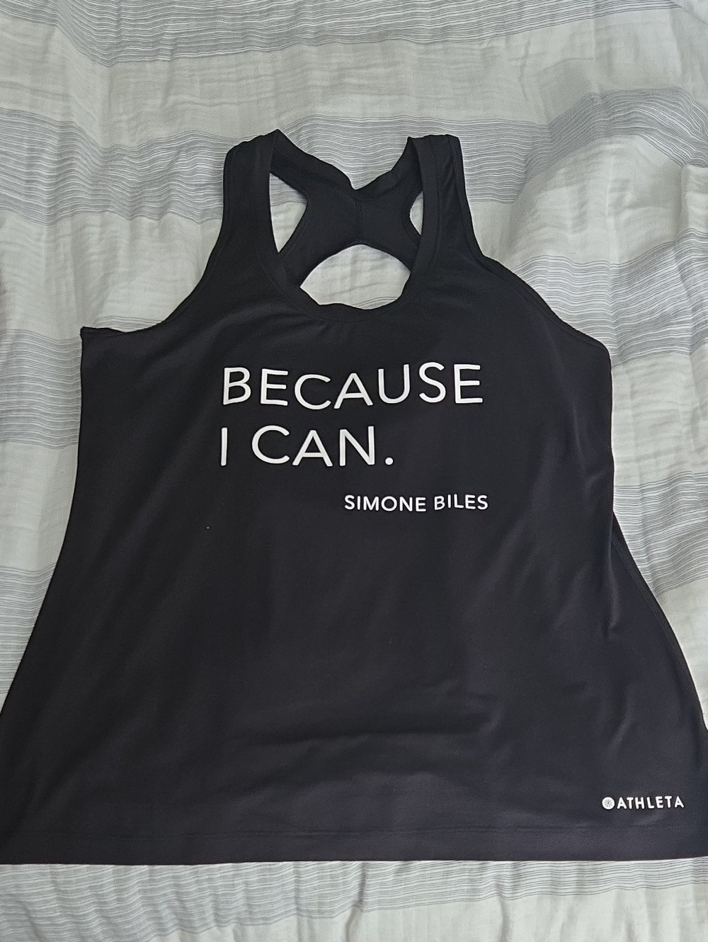 Athleta Black Racerback Tank with White "Because I Can." Simone Biles